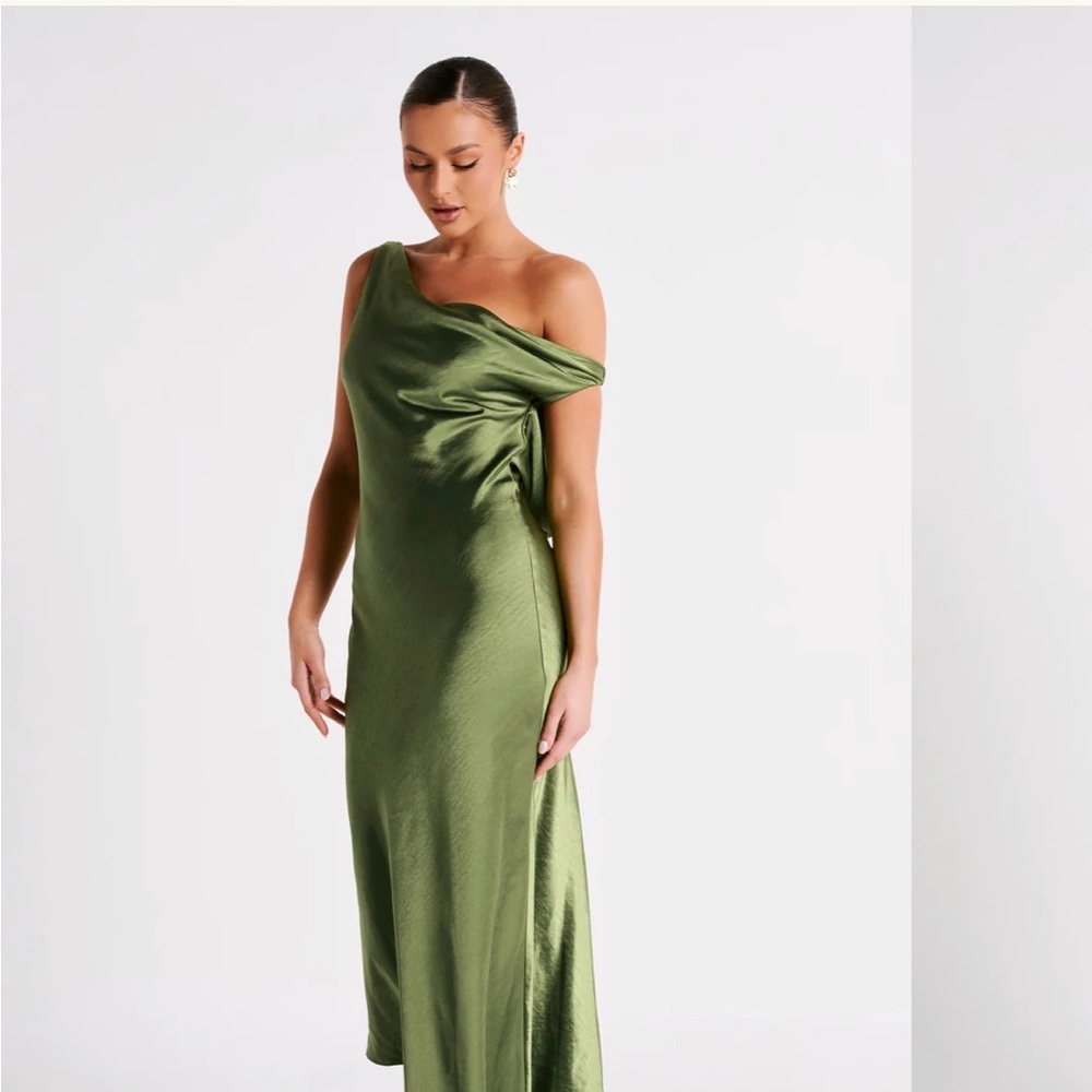 Meshki Olive Green Satin Cowl Maxi Dress - Picture 1 of 2